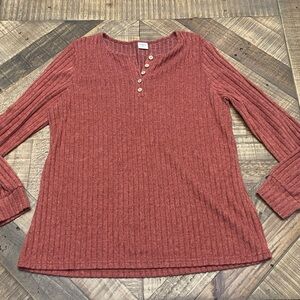 Cozy Ribbed Long Sleeve Henley in Brick Red